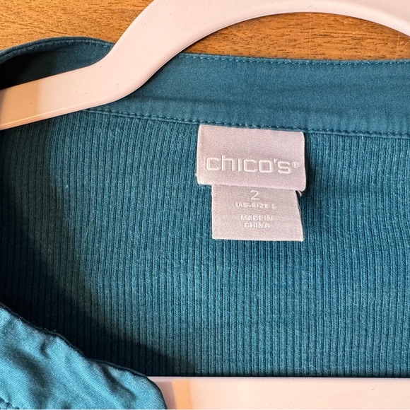 Chico’s Teal Rib Knit Woven 3/4 Puff Sleeve Top, size 2 (Large) - Picture 6 of 9
